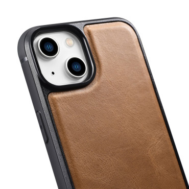 Caso coberto com a pele natural para o iPhone 14 mais o óleo de óleo de couro bronze brilhante