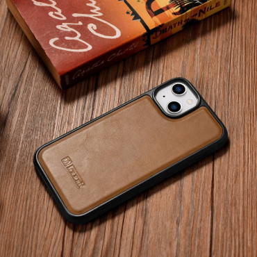 Caso coberto com a pele natural para o iPhone 14 mais o óleo de óleo de couro bronze brilhante