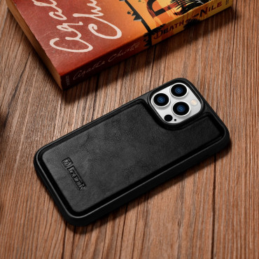 Fodral täckt med naturlig hud för iPhone 14 pro max läder olja vax svart