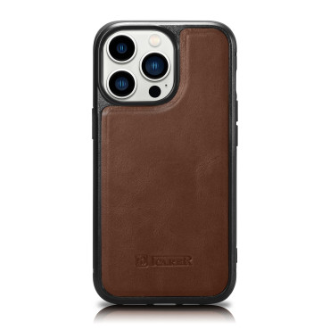 Caso cubierto con piel natural para iPhone 14 Pro Max Cuero de cuero cera marrón oscuro