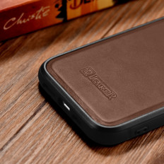 Caso coberto com pele natural para iphone 14 pro max petróleo cera marrom escuro