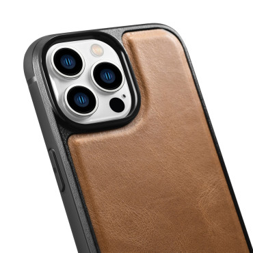 Fodral täckt med naturlig hud för iPhone 14 Pro Max läderolja Vax brunbrun
