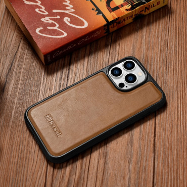Caso coberto com a pele natural para iphone 14 pro max petróleo cera marrom marrom