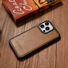 Fodral täckt med naturlig hud för iPhone 14 Pro Max läderolja Vax brunbrun