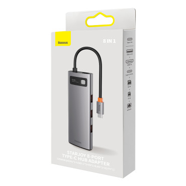 8in1 HUB adapteris Starjoy USB-C USB-C PD 3x USB-A HDMI RJ-45 SD TF Grey
