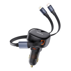 Car charger with USB-C and with a roll-up USB-C iPhone 60W black