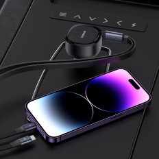 Carregador de carro com USB-C e com um roll-up USB-C iphone 60w preto