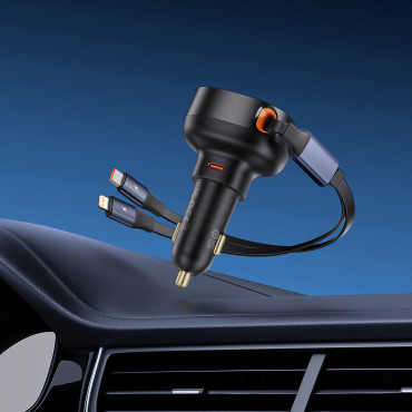 Carregador de carro com USB-C e com um roll-up USB-C iphone 60w preto