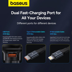 Billaddare med USB-A och med en kollaps USB-C iPhone 60W svart