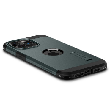 Custodia dura Armatura Magsafe con un supporto per iPhone 15 Pro verde