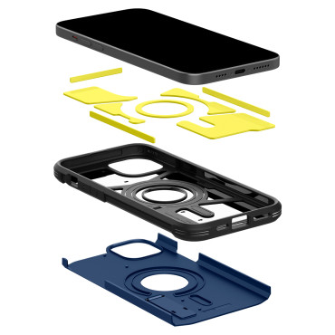 Cassa di armatura dura Magsafe con un iPhone 15 più supporto blu