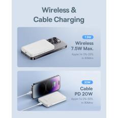 Mini PowerBank 5000mAh 20W + USB-C 20V / 3A Kabelis balts