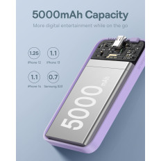 Mini PowerBank 5000mAh 20W + USB-C 20V / 3A violeta kabelis