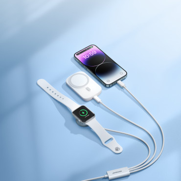 3IN1 Kabel USB-kabel med induktiv laddare + 1x iPhone-lightning + 1x USB-C 1.2m Vit