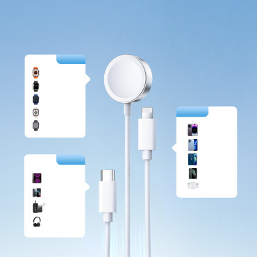 3IN1 Kabel USB-kabel med induktiv laddare + 1x iPhone-lightning + 1x USB-C 1.2m Vit