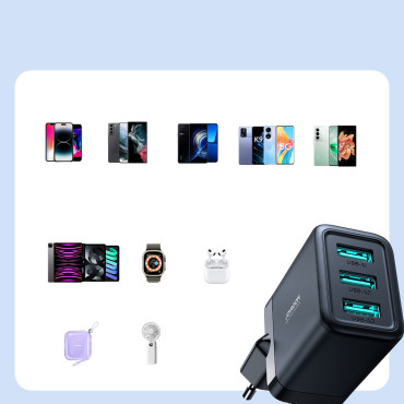 3x USB-A hálózati betöltő 3.4a fekete