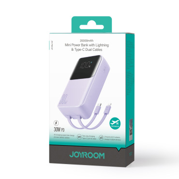 Mini Powerbank 20000mAh sisäänrakennetuilla kaapeleilla JR-PBC07 30W kirkas violetti