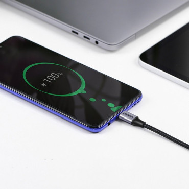 Leņķveida kabelis USB-C elektroenerģijas padeve 60W 20V 3A 2M melnā un pelēka