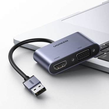 USB adaptera adapteris - HDMI + VGA pelēks