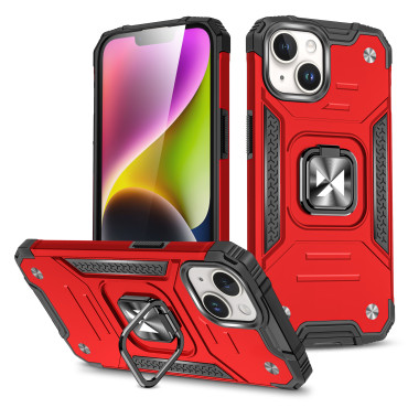 Gepantserd geval met vingerhouder voor iPhone 15 plus ringpantser rood