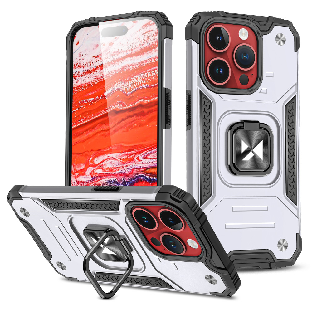 Estuche blindado con el soporte para el iPhone 15 Pro Max Ring Armor Silver Estuche blindado con el soporte para el iPhone 15 Pro Max Ring Armor Silver