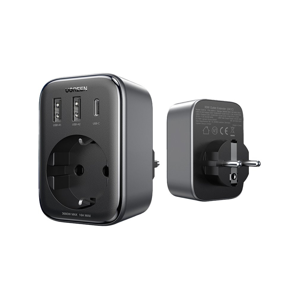 2in1 nettverkslader EU AC 13A 2X USB USB-C 30W EU-pluggen
