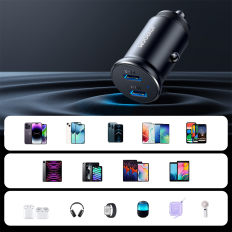 Mini bil oplader til 30W 2x cigaret lysere 2x USB-C Metal Black