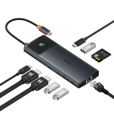 10W1 προσαρμογέα USB-C HUB για USB-C PD / 3X USB-A / 2x HDMI / RJ-45 / SD / TF BLACK