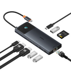 10W1 HUB USB-C Adapter för USB-C PD / 3X USB-A / 2X HDMI / RJ-45 / SD / TF Svart