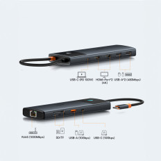 10W1 HUB USB-C Adapter för USB-C PD / 3X USB-A / 2X HDMI / RJ-45 / SD / TF Svart