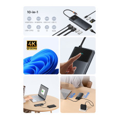 10W1 HUB USB-C Adapter för USB-C PD / 3X USB-A / 2X HDMI / RJ-45 / SD / TF Svart