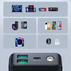 Powerbank με φακός 30W 20000mah + καλώδιο USB - ένα USB-C 25cm μαύρο