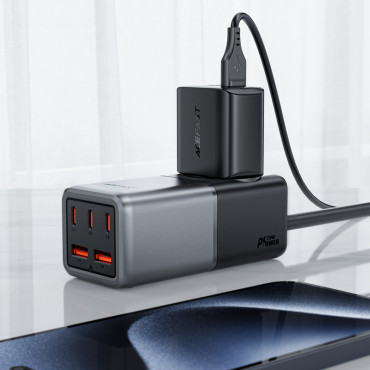 Estação de carregamento de recepção Z2 Gan 75W PD 3x USB-C 2x USB-A Preto e Cinza