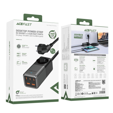 Estação de carregamento de recepção Z2 Gan 75W PD 3x USB-C 2x USB-A Preto e Cinza