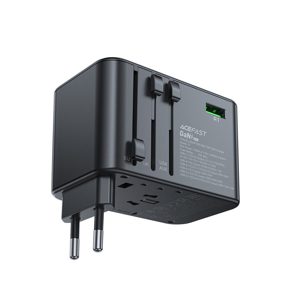 Universal Travel Charger Gan 2x USB-A 3x USB-C UK vtič UK EU Aus Black