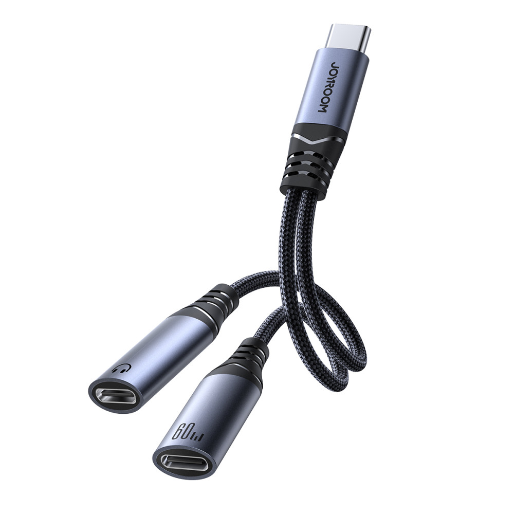 2V1 Adaptér Adaptér nabíjačka + Slúchadlá USB-C do 2x USB-C čierne