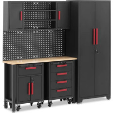 Een reeks werkplaatsmeubilairkast 2 kasten op wielen geperforeerde muur