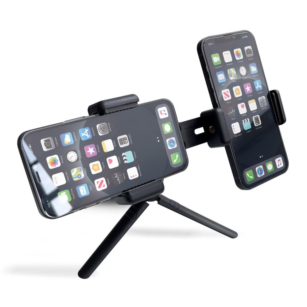 2 smartphones med stativ telefoner dubbeljusterbar svart