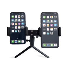 2 smartphones com telefones tripé duplo ajustável preto