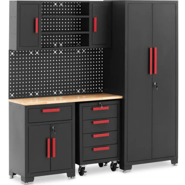 En uppsättning verkstadskåp Skåp på hjul perforerad vägg