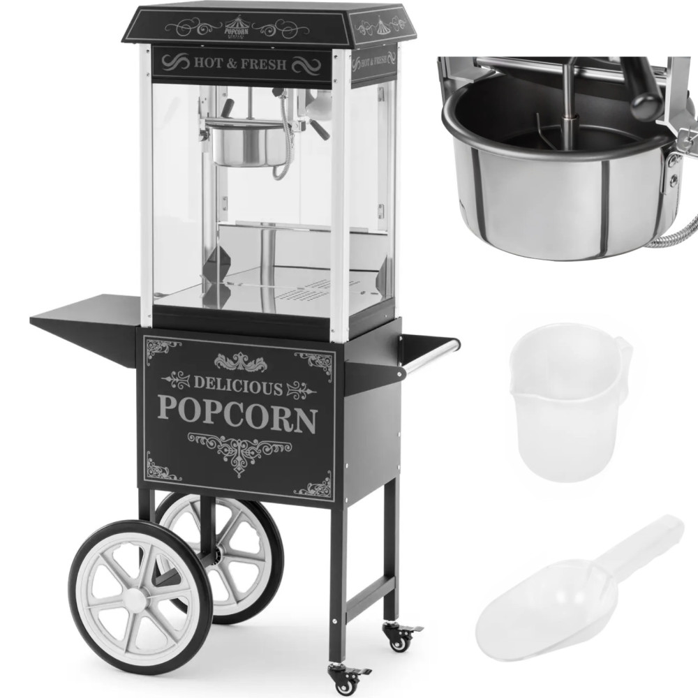 Professionelle Popcorn-Maschine auf einem Wagen mit Retro-Beleuchtung 88 l 1600 in Schwarz