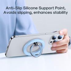 Magnetic handle on the phone on a blue finger