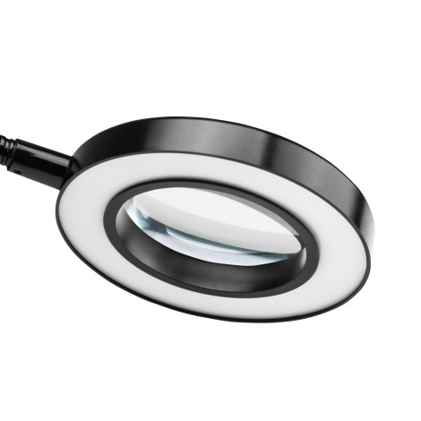 LAMPE LOUPE À LED SNAKE RING SUR BUREAU NOIR — gros plan surface