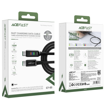 Kabeļu USB-C Cable - USB-C 100W ar displeju 1.2m Black