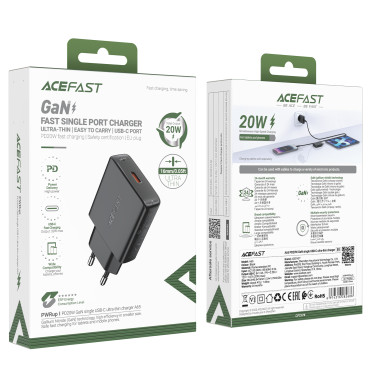 Um pequeno carregador liso gan pd 20w usb-c preto