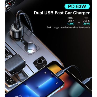 USB-C USB-A CAR BARGER PD 63W BLACK