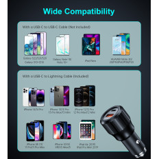 USB-C USB-A Car Chargeur de voiture PD 63W Noir