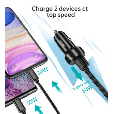 USB-C USB-A PD 60W billaddare med svart LED-bakgrundsbelysning