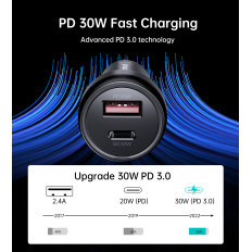 USB-C USB-A PD 60W Carregador de carro com luminoso preto LED