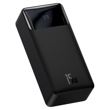 PowerBank 30000MAH 15W Divpusēji + USB 4W1 Microusb / Lightning / 2x USB-C kabelis 1.2m Black